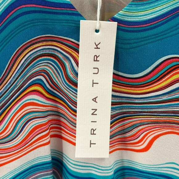 Trina Turk 100% Silk Multicolor Wave Print Dress Womens Size 6 Fully Lined Short - Picture 3 of 8